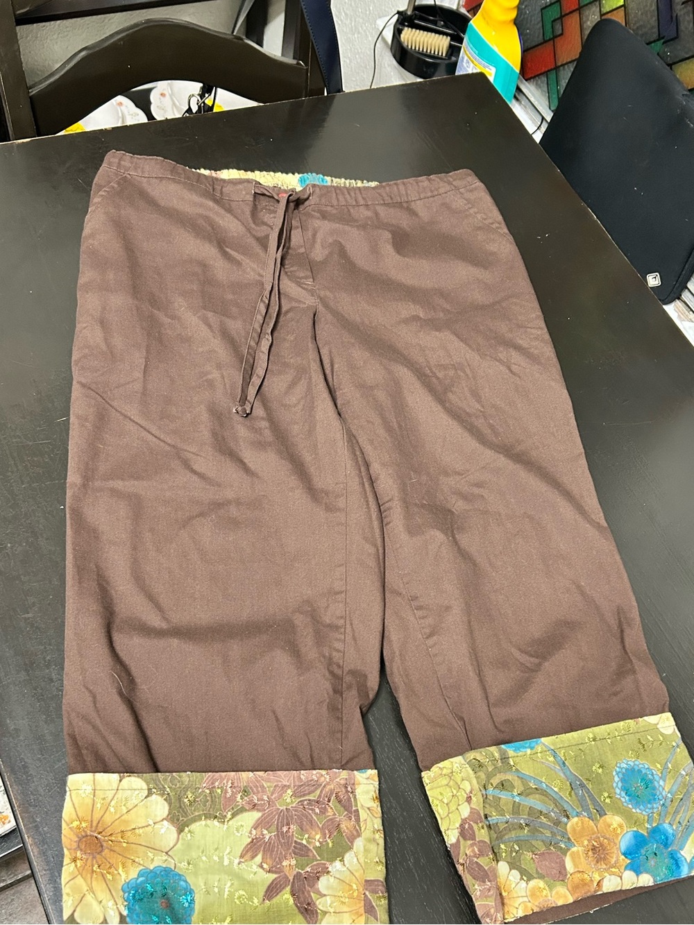 Vintage Brown Drawstring Linen-Blend Pants with Floral Cuffs